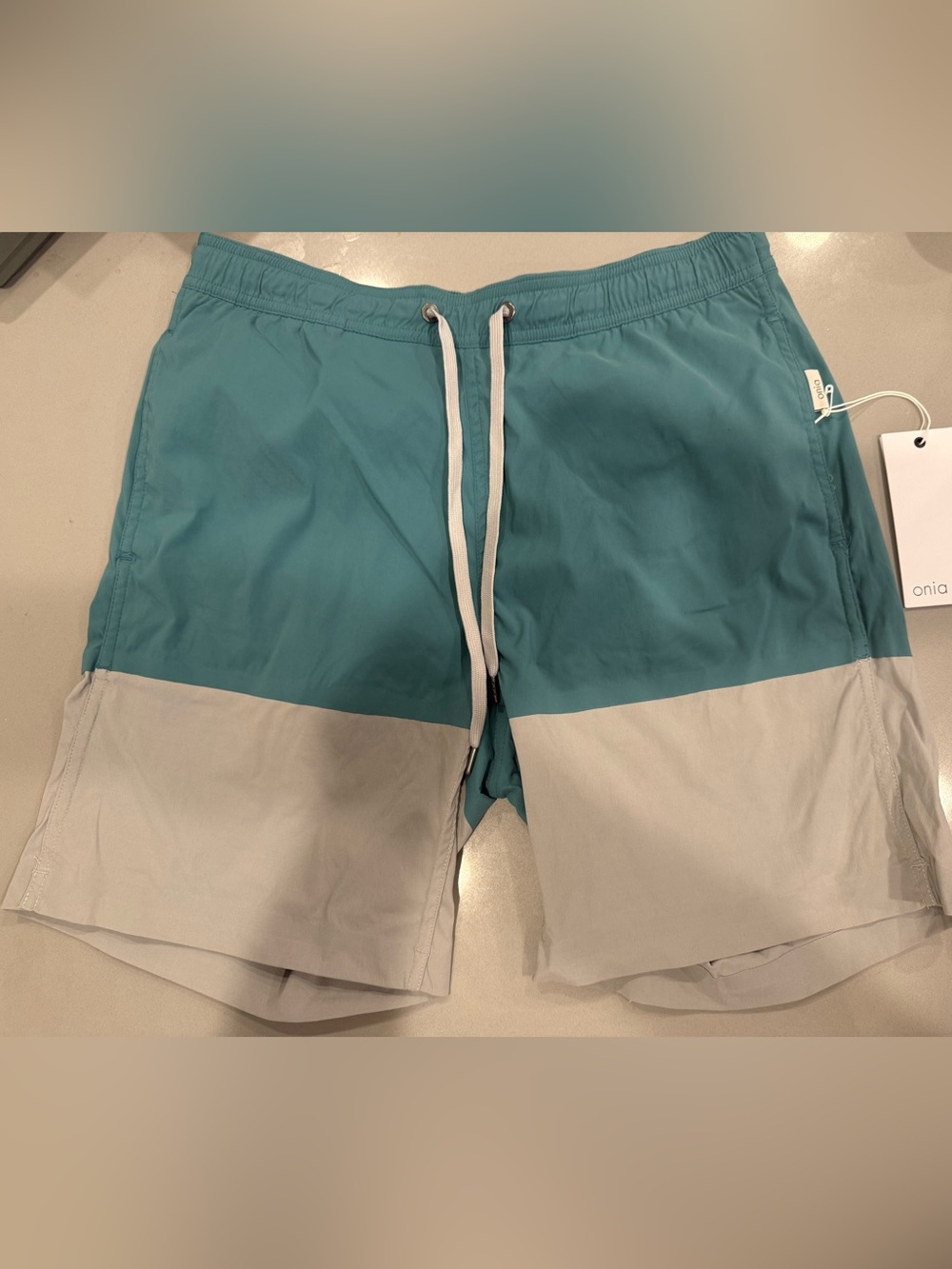 Onia Teal and White Colorblock Swim Shorts